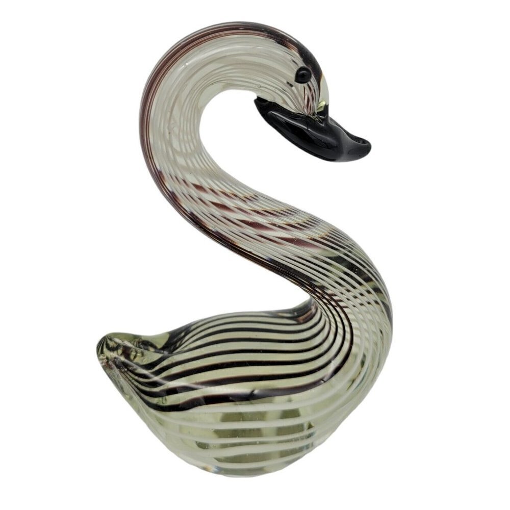 Hand Blown Art Glass Swan Black White Striped On Clear Smooth Pontil Collectable - Picture 2 of 8